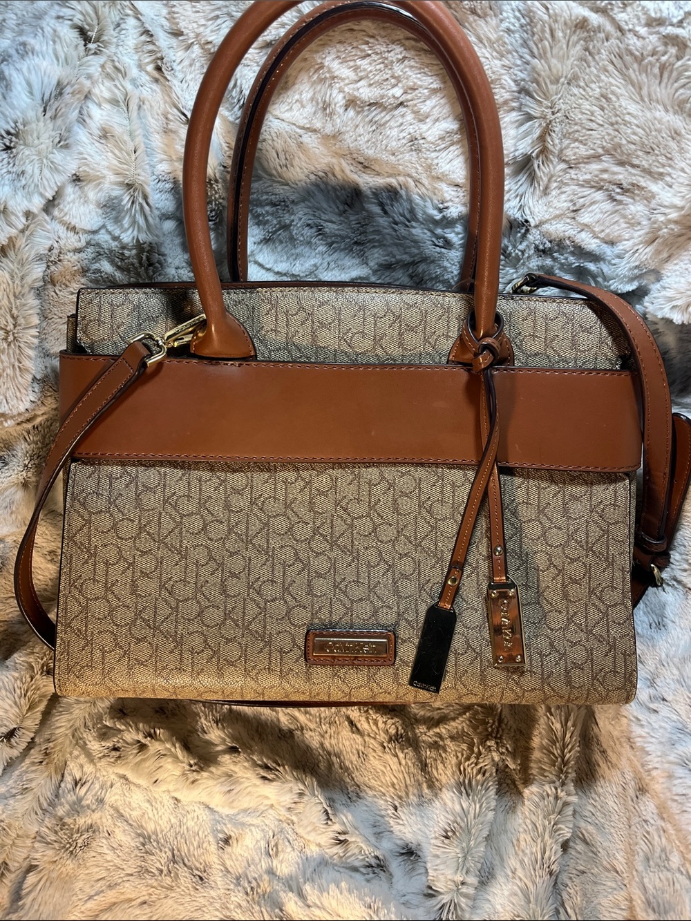 Calvin Klein Tan Monogram Satchel with Leather Trim